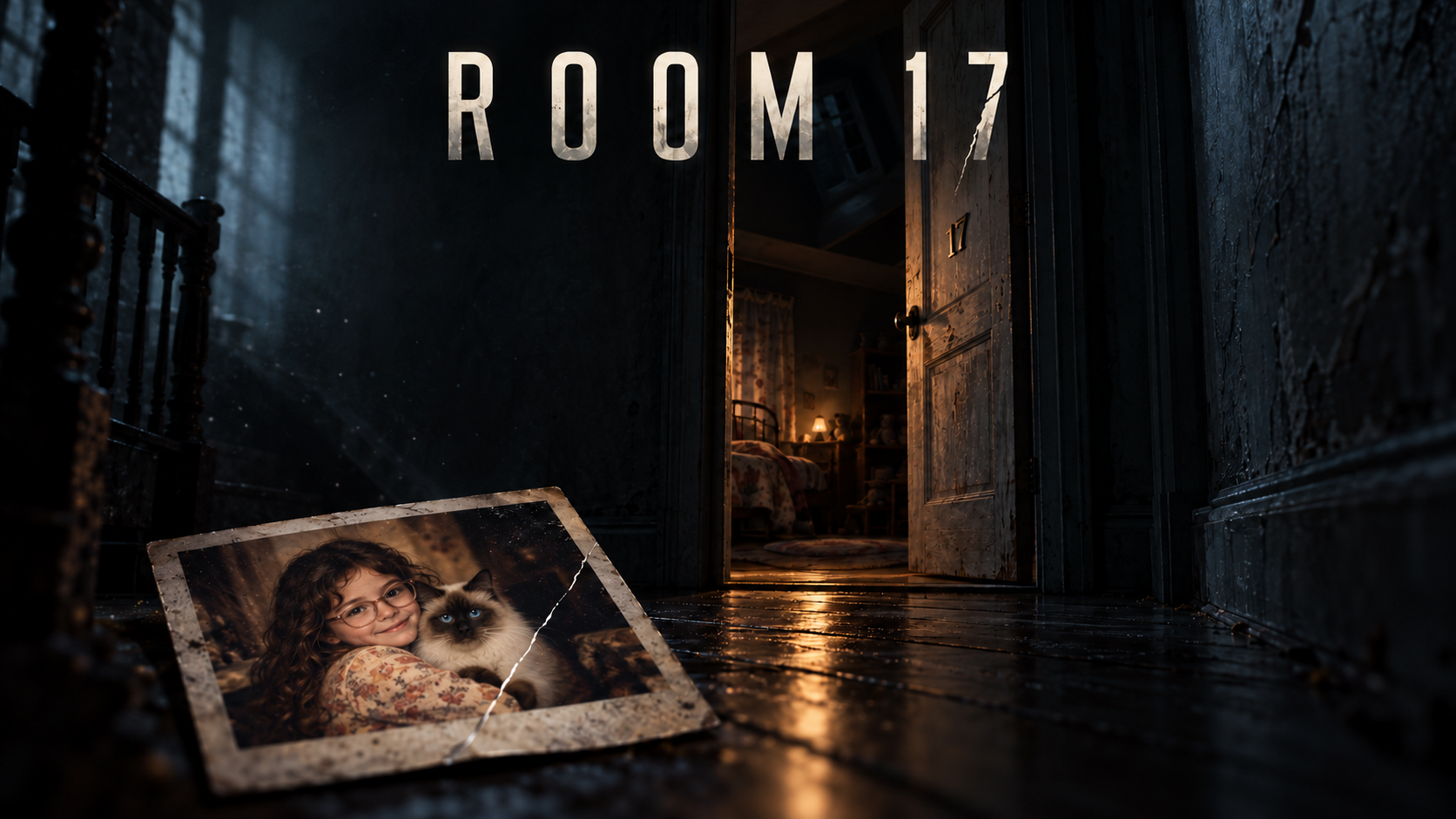 Room 17 key art showing a dark corridor and an open bedroom door