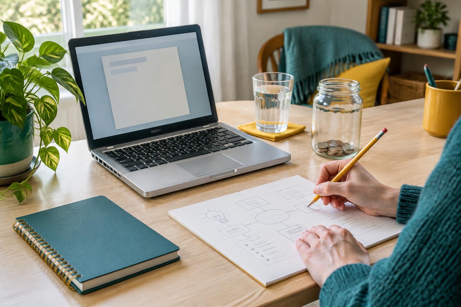 Illustrative home workspace with a laptop, notebook and a small coin jar