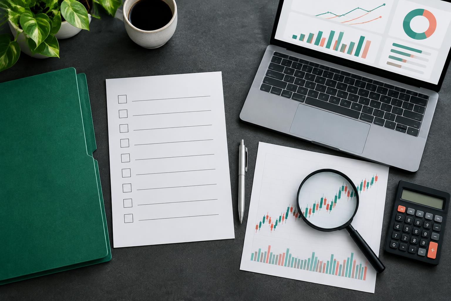 Illustrative investor workspace with a checklist, magnifying glass and charts