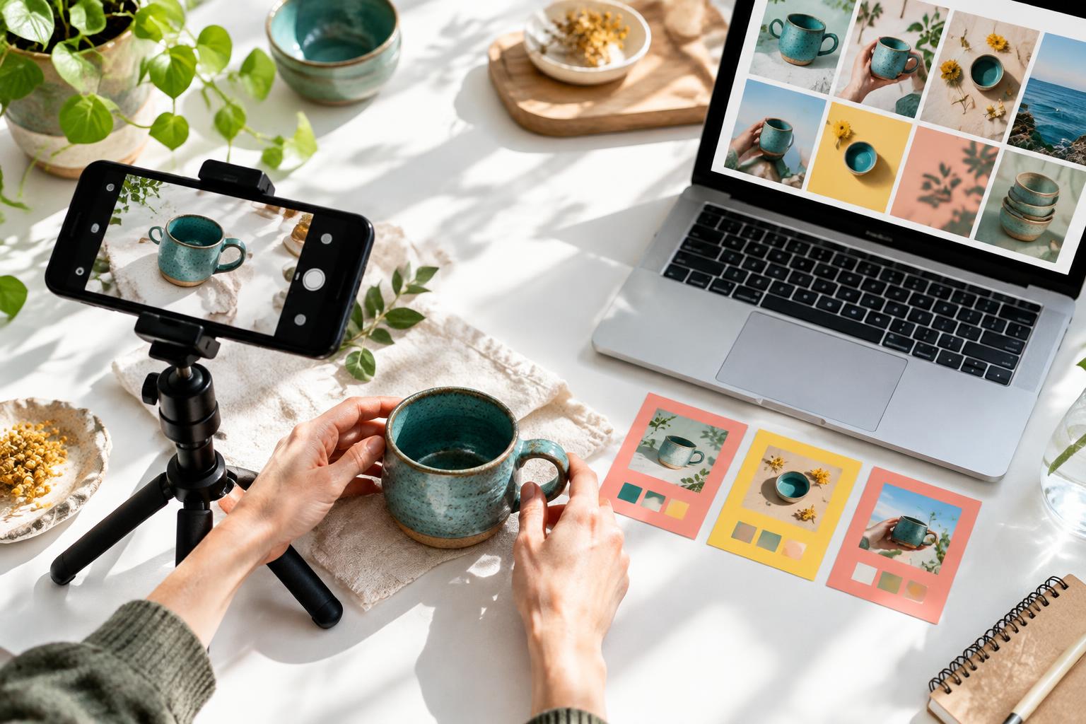 Illustrative DIY product marketing setup with a smartphone tripod and a content grid