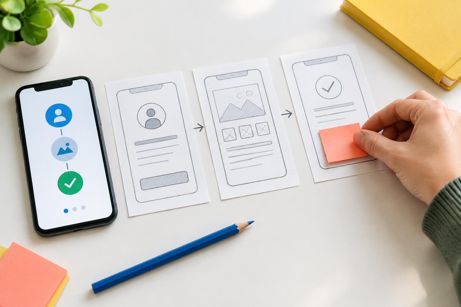 Illustrative app planning desk with three paper wireframes and a smartphone