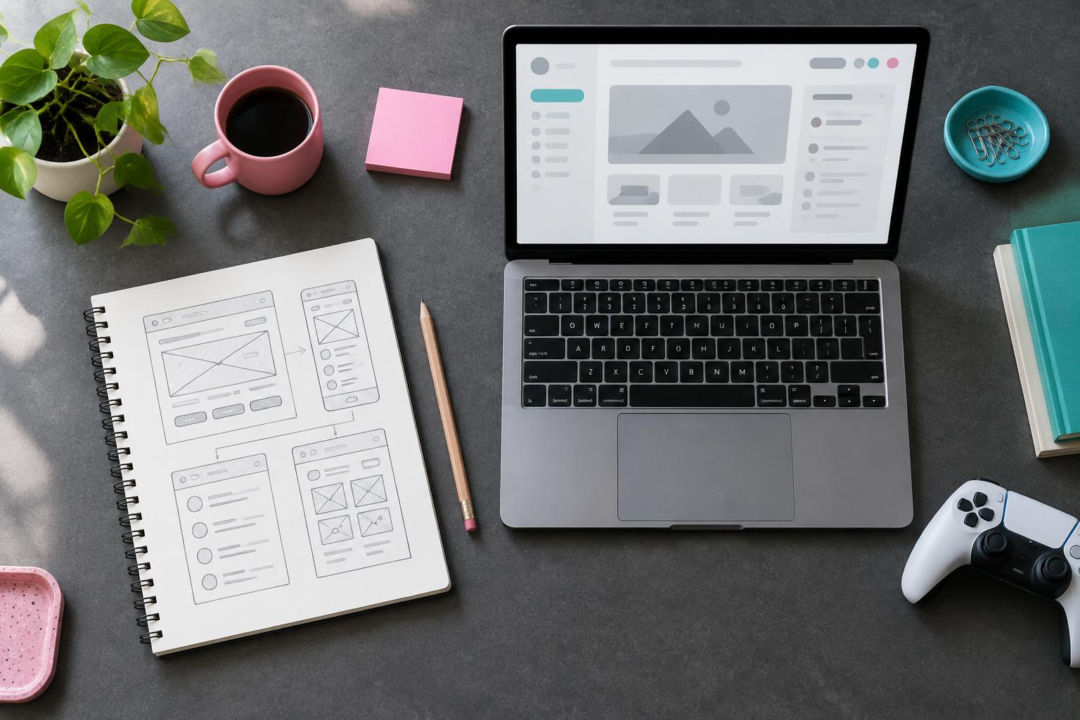 Illustrative workspace with a digital product prototype, wireframes and a game controller